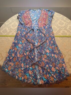 PrettyGarden Kimono Wrap / Tie-front Dress with Blue and Coral Floral Accents